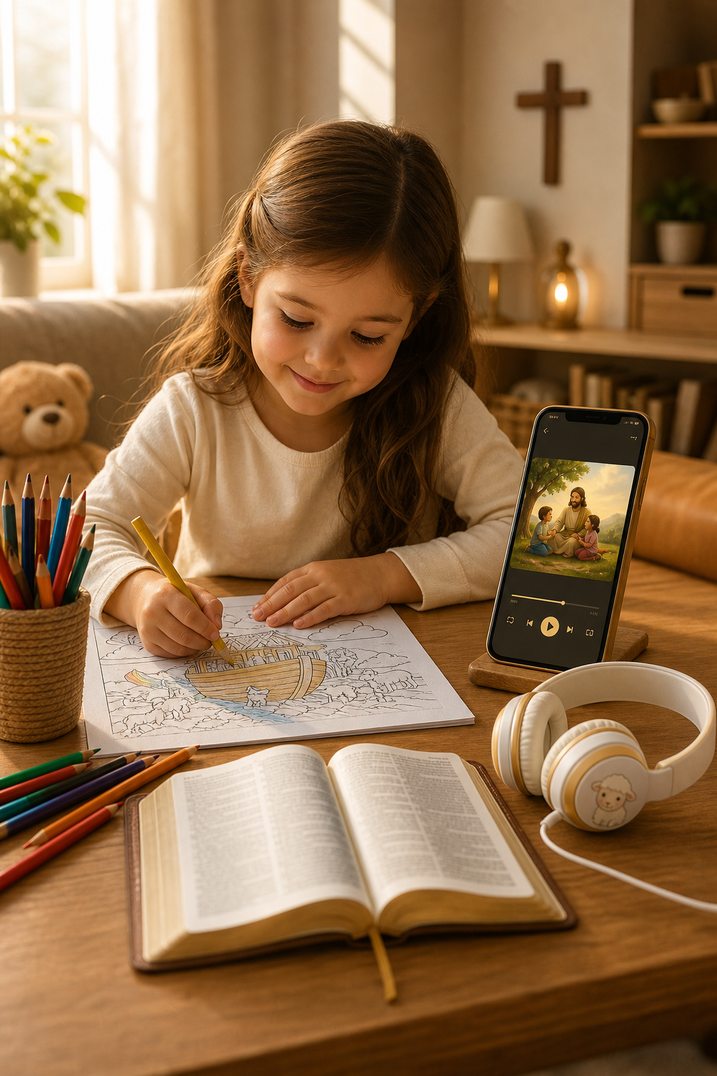 criança colorindo com lápis de cor ao lado de um celular tocando histórias bíblicas, fones infantis e bíblia aberta em ambiente familiar acolhedor