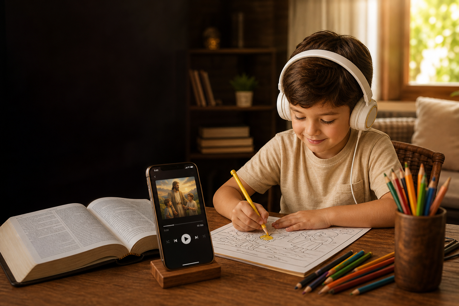 criança colorindo em uma mesa com bíblia aberta, celular reproduzindo áudio, fones infantis, lápis de cor, ambiente acolhedor com luz natural e clima de família