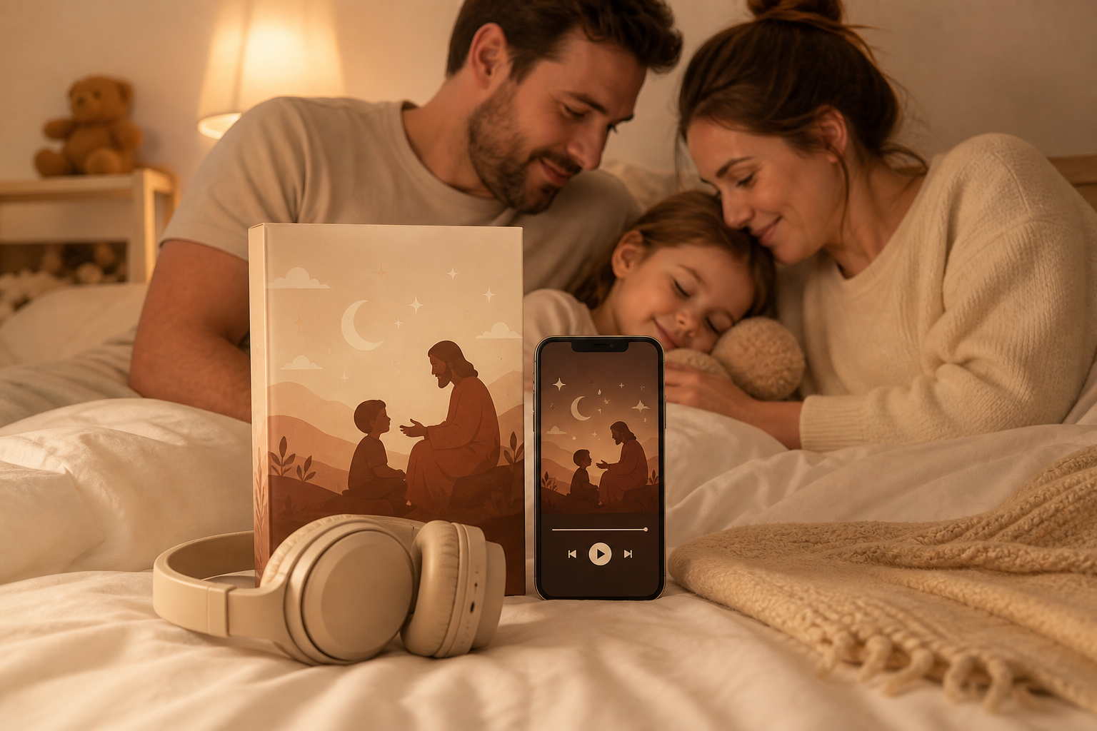 família em momento calmo de rotina noturna com criança pronta para dormir